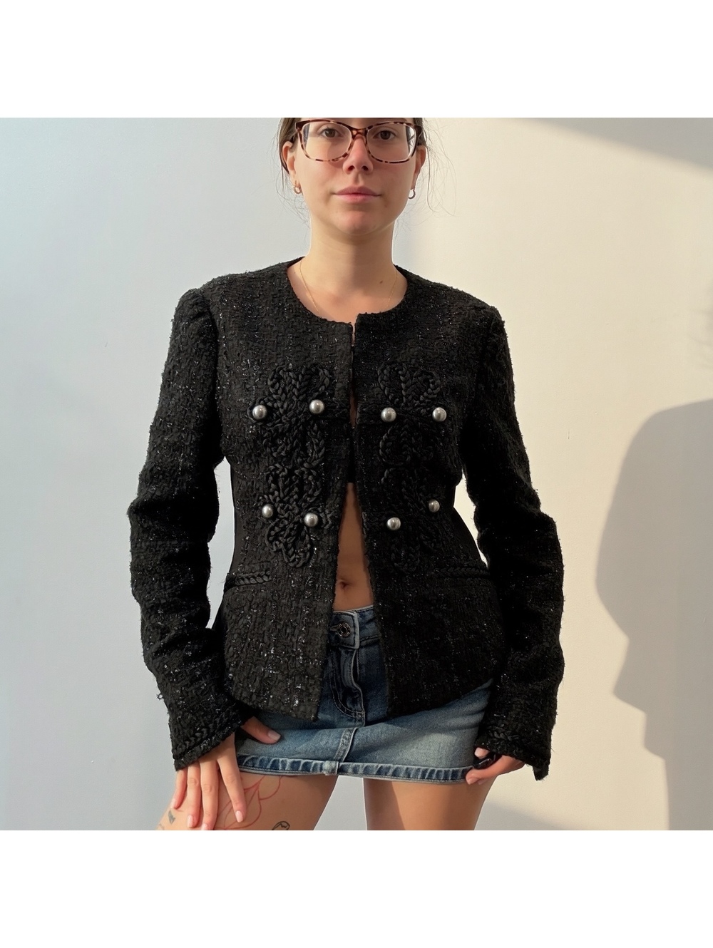 Express Black Embellished Tweed Military Jacket